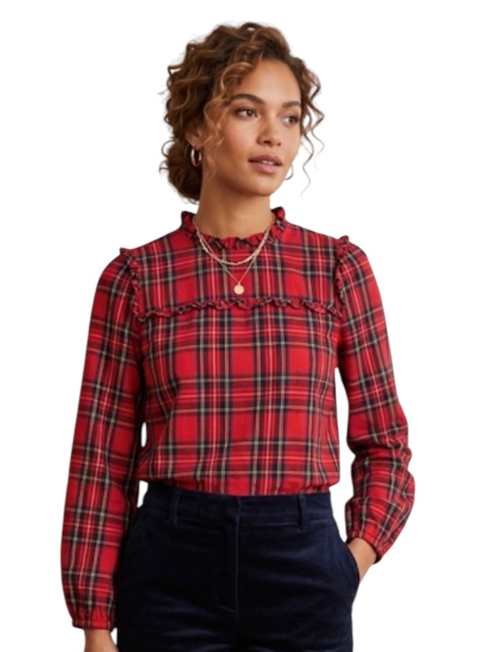 J. Crew Red Tartan Plaid Ruffle Neck Long Sleeve Blouse XXS Holiday Christmas
Y